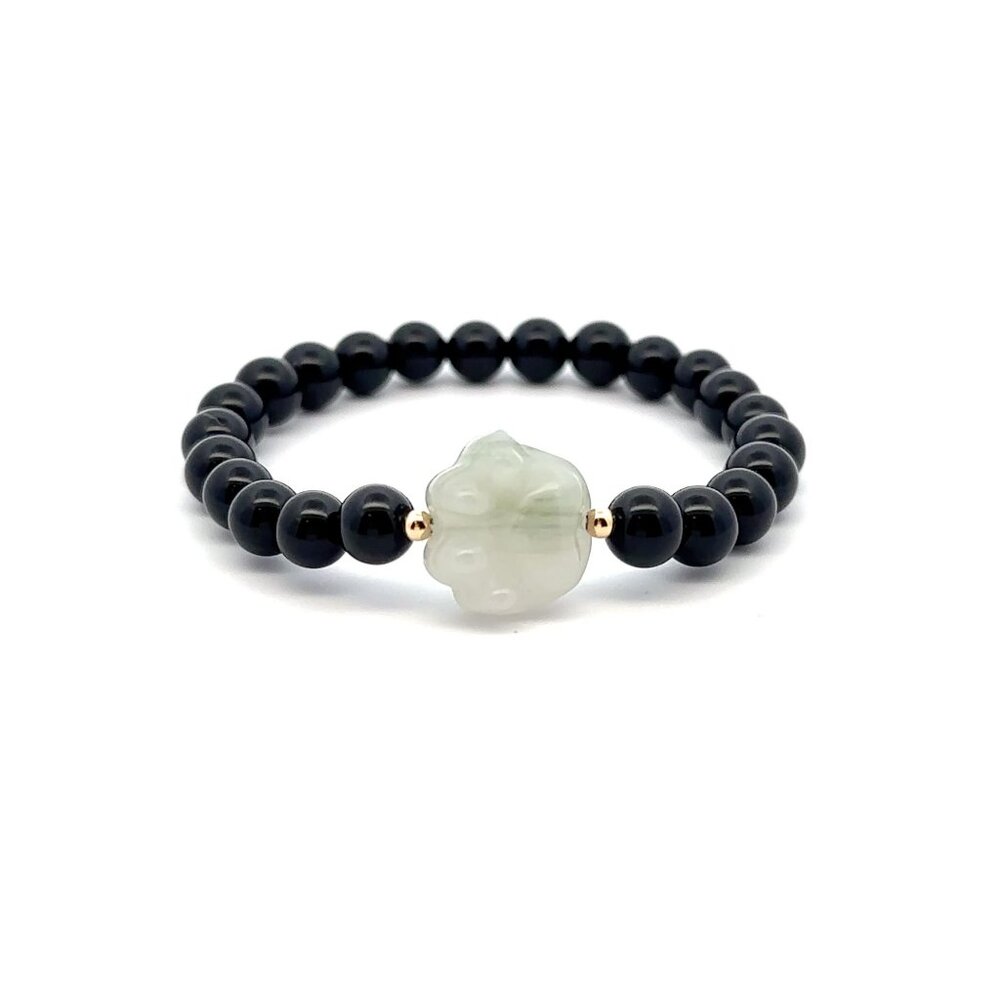Natural Onyx Gemstones Stretch Bracelet and Carved Paw Jade with 18k Tiny Beads